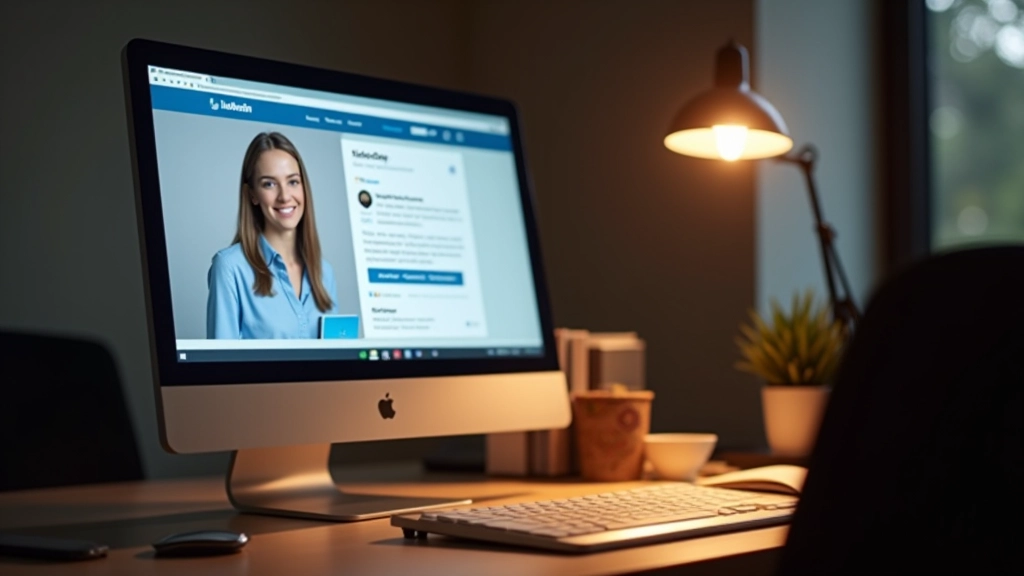 Computerskærm viser LinkedIn-profil med velskrevet bio og profilbillede