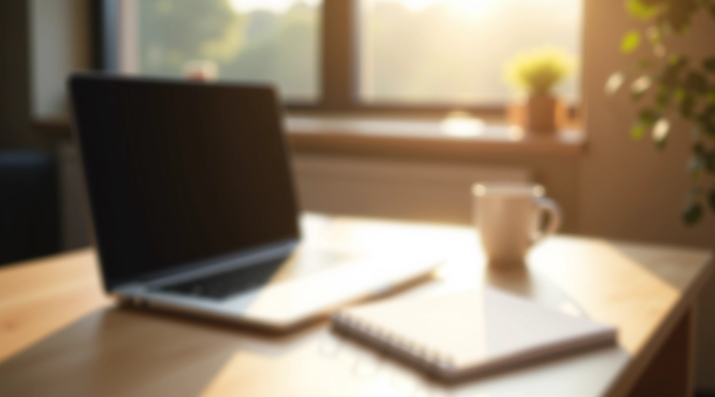 Moderne arbejdsplads med laptop og notesbog i solopgang
