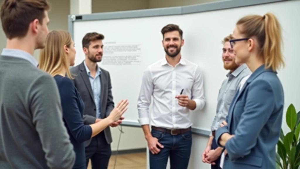 Gruppe mennesker som diskuterer omkring en whiteboard fyldt med skitser og ideér