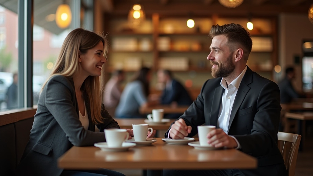 To personer i samtale ved kaffebord med åbent kropssprog