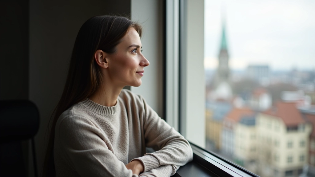 Person som tænker ved vindue med udsigt til by