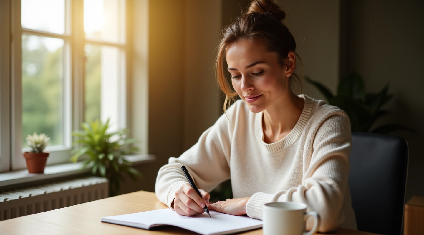 Kvinde ved skrivebord med notesbog og kaffe i solopgang